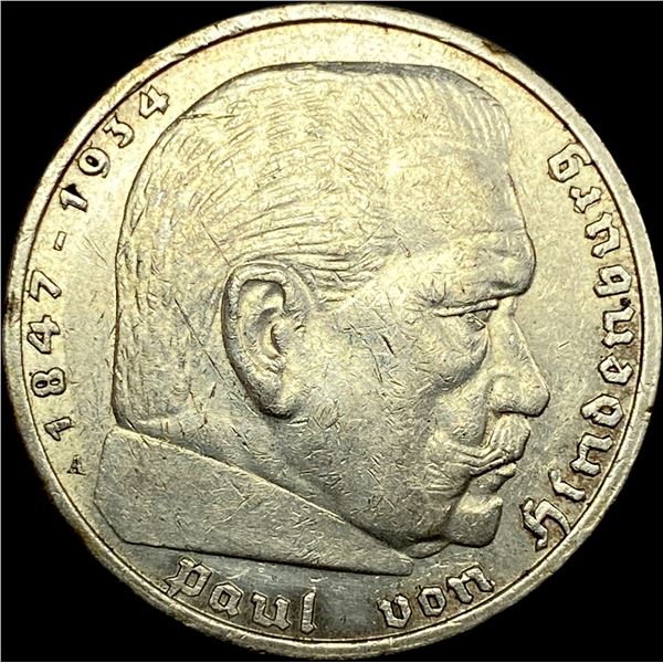 1938-A Germany Silver 5 Reichsmark CLOSELY UNCIRCULATED