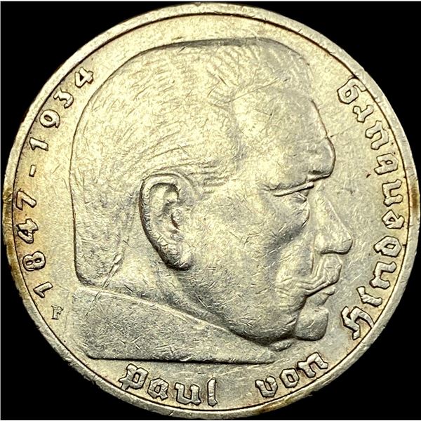 1936-F Germany Silver 5 Reichsmark CLOSELY UNCIRCULATED