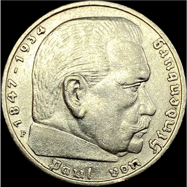1936-F Germany Silver 5 Reichsmark CLOSELY UNCIRCULATED