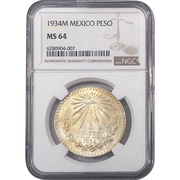 1934 Mexican Peso Estados Unidos NGC MS63