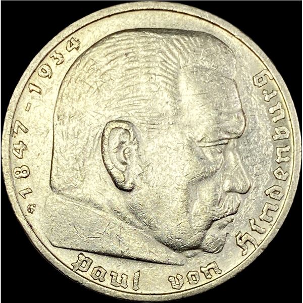1936-G Germany Silver 5 Reichsmark CLOSELY UNCIRCULATED