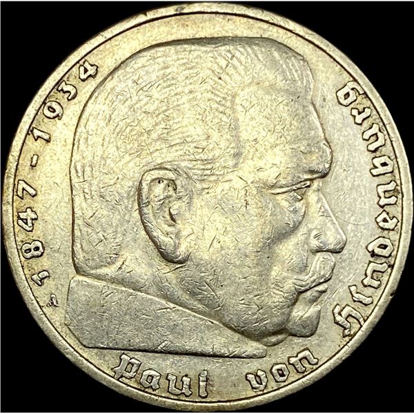 1936-A Germany Silver 5 Reichsmark CLOSELY UNCIRCULATED