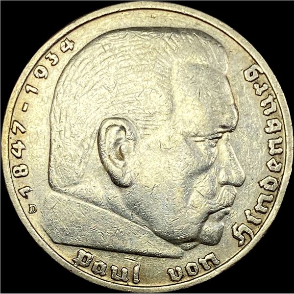 1936-D Germany Silver 5 Reichsmark CLOSELY UNCIRCULATED
