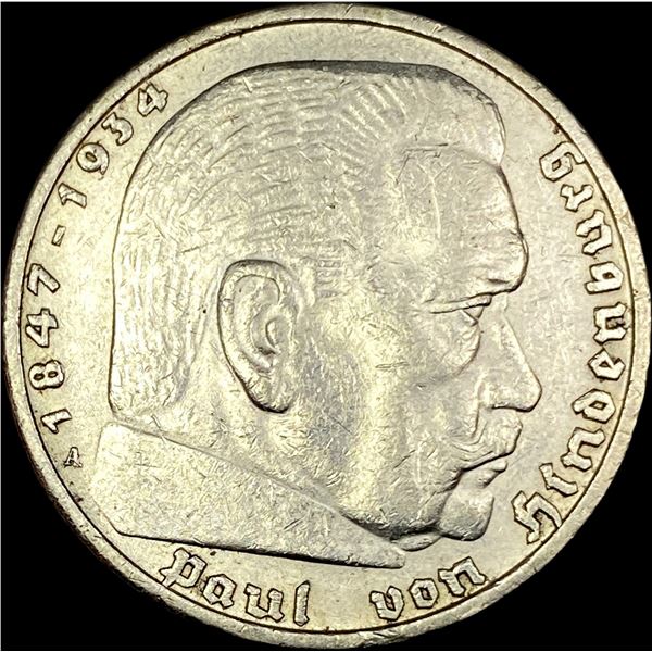 1937-A Germany Silver 5 Reichsmark CLOSELY UNCIRCULATED