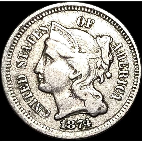 1874 Nickel Three-Cent Piece NEARLY UNCIRCULATED