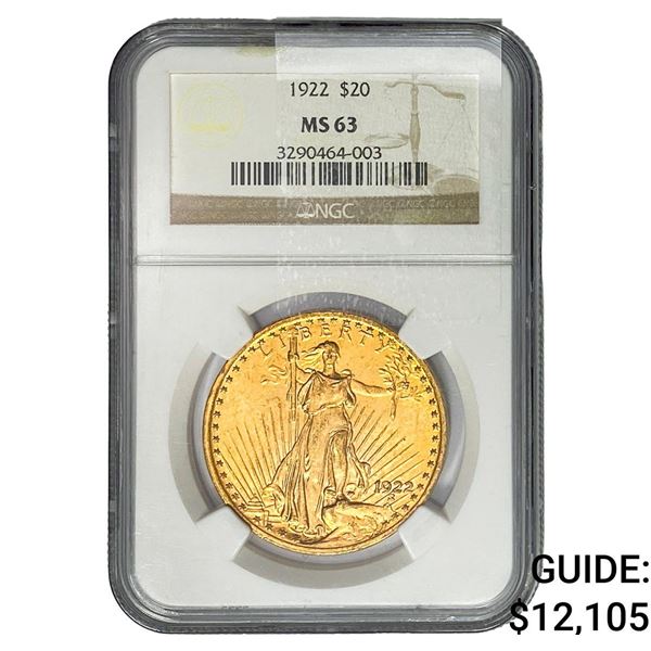 1922 $20 Gold Double Eagle NGC MS63