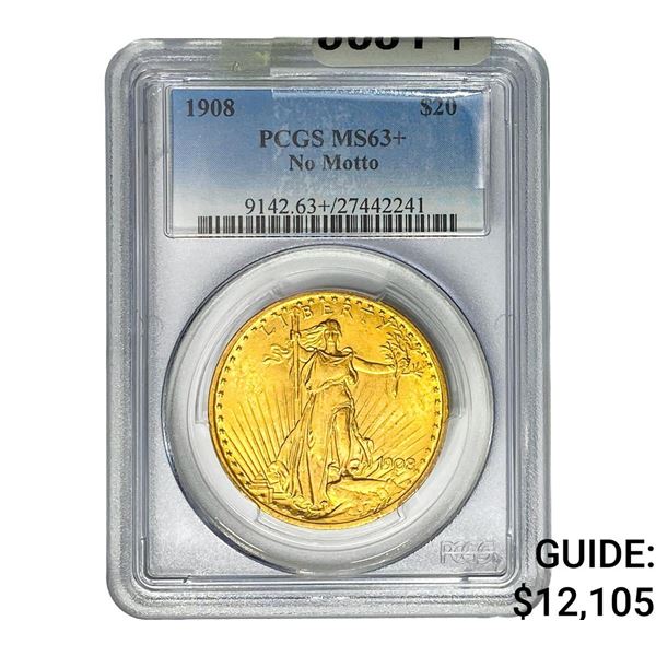 1908 $20 Gold Double Eagle PCGS MS63+ No Motto