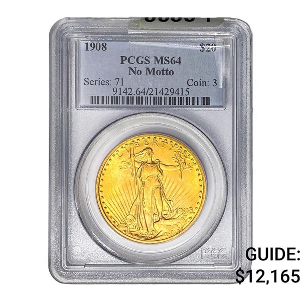 1908 $20 Gold Double Eagle PCGS MS64 No Motto