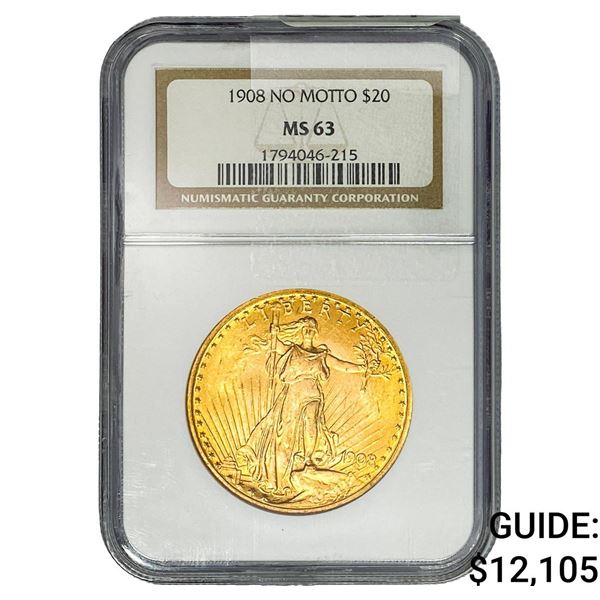 1908 $20 Gold Double Eagle NGC MS63