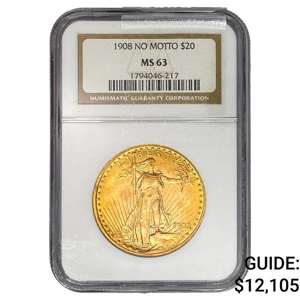 1908 $20 Gold Double Eagle NGC MS63 No Motto