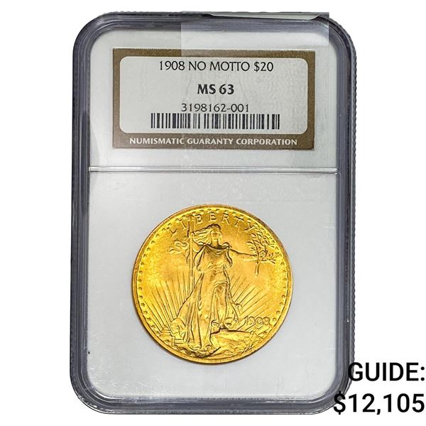 1908 $20 Gold Double Eagle NGC MS63