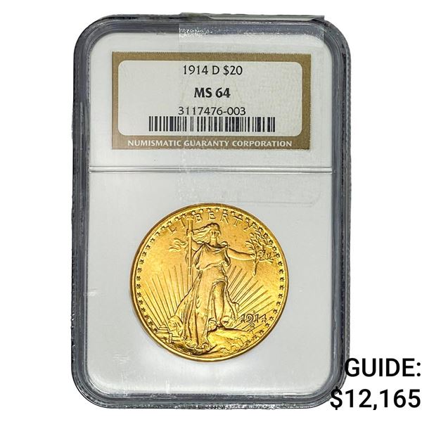 1914-D $20 Gold Double Eagle NGC MS64
