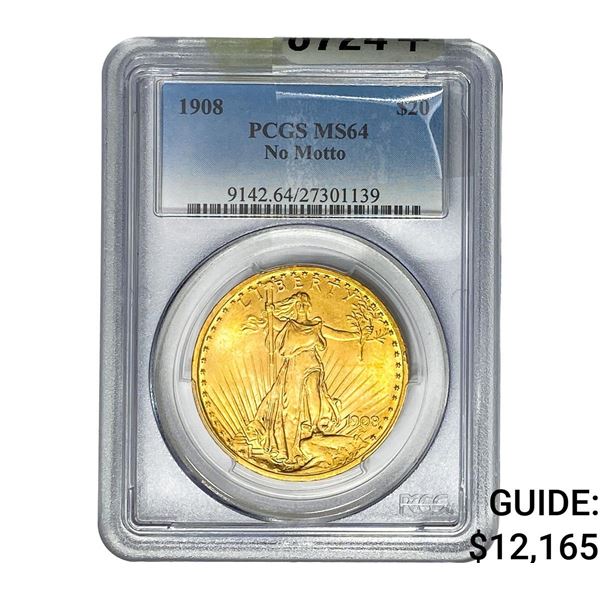1908 $20 Gold Double Eagle PCGS MS64 No Motto