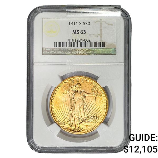 1911-S $20 Gold Double Eagle NGC MS63