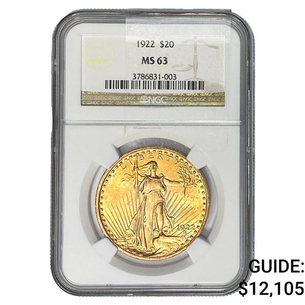 1922 $20 Gold Double Eagle NGC MS63