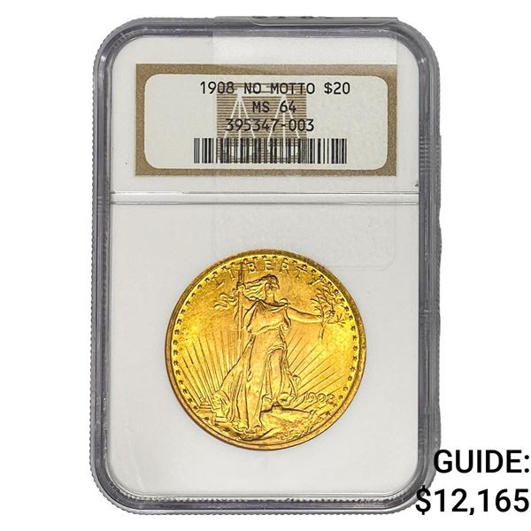 1908 $20 Gold Double Eagle NGC MS64 No Motto