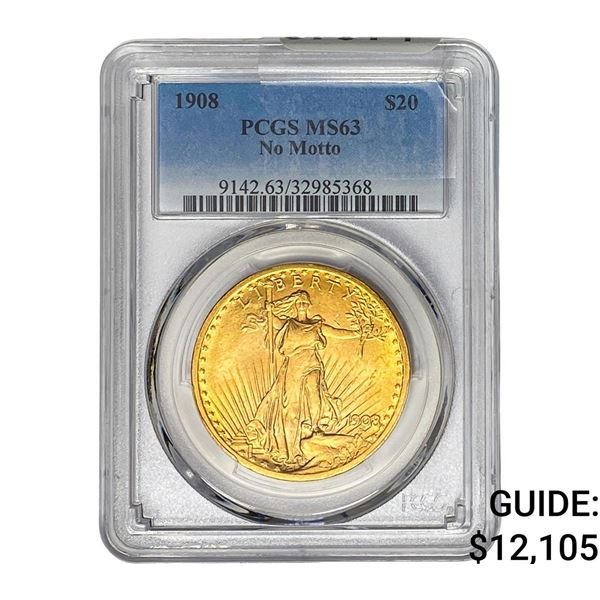 1908 $20 Gold Double Eagle PCGS MS63 No Motto