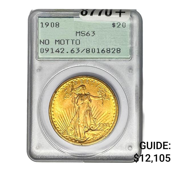 1908 $20 Gold Double Eagle PCGS MS63 No Motto