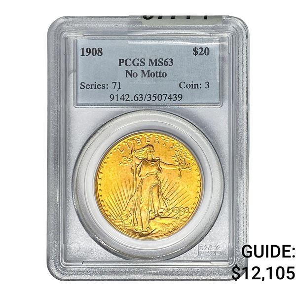 1908 $20 Gold Double Eagle PCGS MS63 No Motto