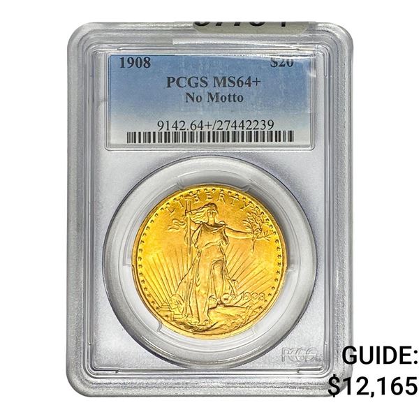 1908 $20 Gold Double Eagle PCGS MS64+ No Motto