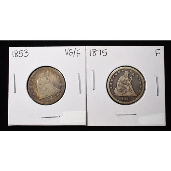 1853, 75 SEATED LIBERTY QUARTERS VG/F