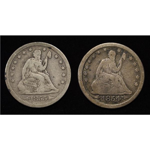 1854, 55 LIBERTY SEATED QUARTES F