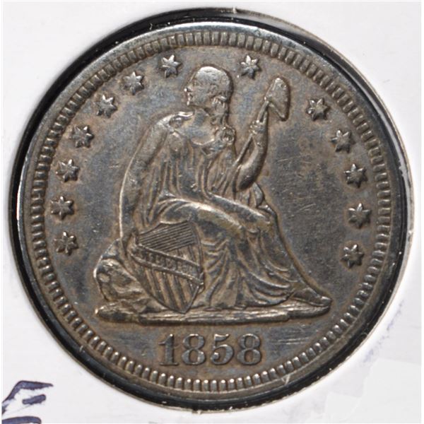 1858 LIBERTY SEATED QUARTER NICE AU