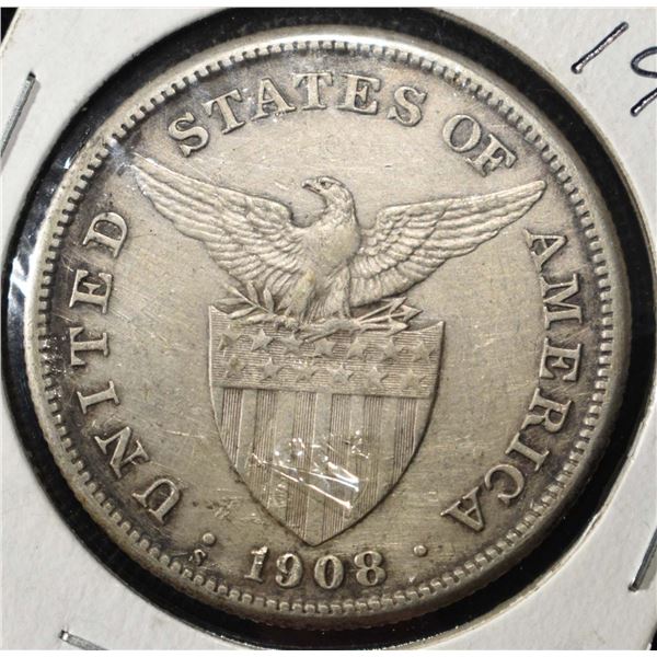 1908-S PESO U.S. PHILIPPINES XF