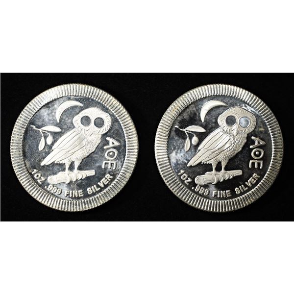 (2) 2020 1 OZ .999 SILVER NIUE OWL ROUNDS