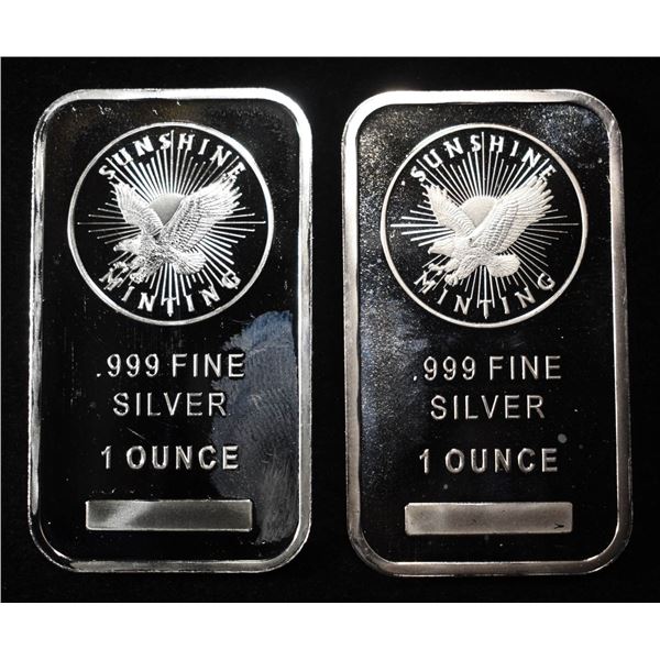 (2) 1 OZ SUNSHINE MINT  .999 SILVER BARS