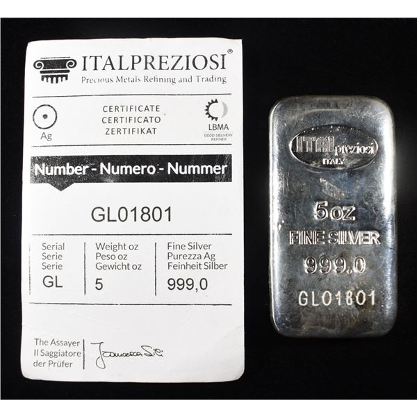 5 OZ ITALPREZIOSI .999 FINE SILVER BAR