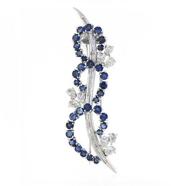 Fancy Vintage 18k Gold 6.05 ctw Diamond & Sapphire Wave Overlap Swirl Pin Brooch