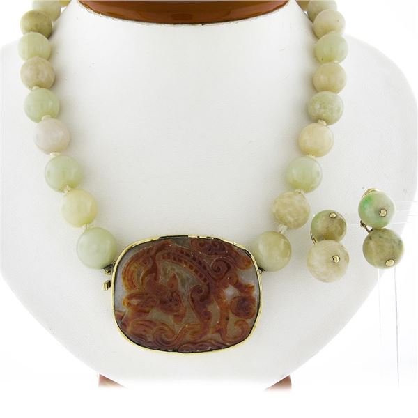 Vintage 14k Gold Gia Jade Bead Necklace w/ Matching Dangle Clip On Earrings Set