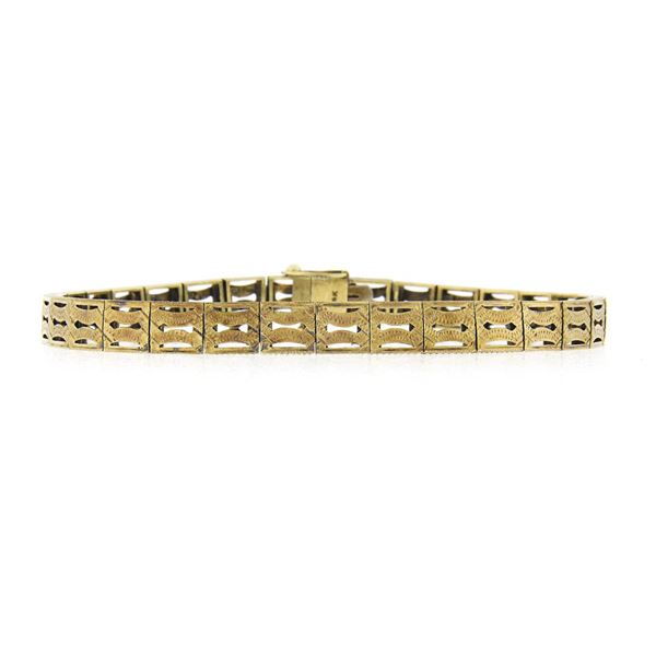 Antique Art Deco 14k Yellow Gold Long 7 Engraved Open Work Square Link Bracelet
