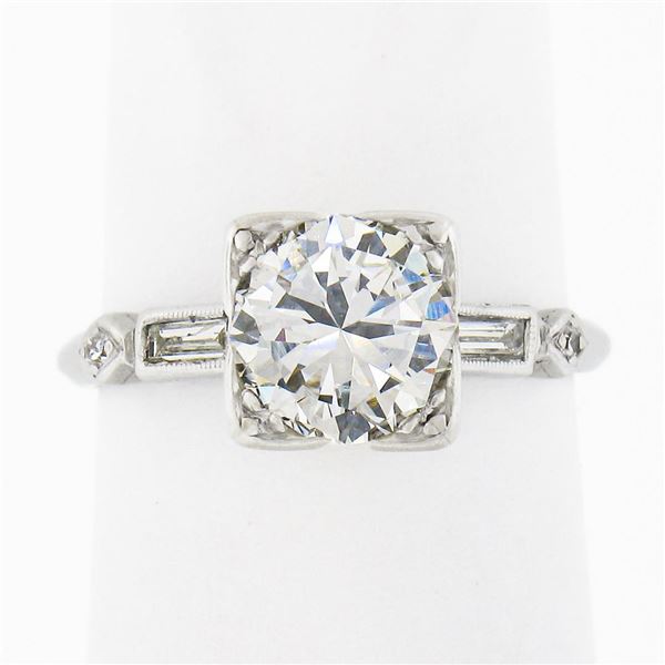 Vintage Platinum 1.50 ctw Round Solitaire w/ Baguette Diamond Engagement Ring
