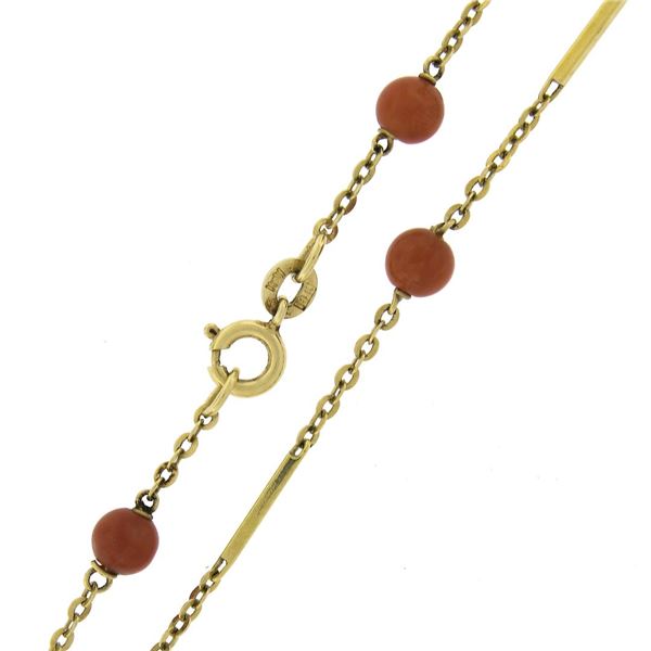 Vintage 18k Yellow Gold Coral Bead w/ Bar & Cable Link 30" Long Station Necklace