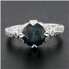 Image 3 : Platinum GIA Greenish Blue Round Sapphire Solitaire Ring w/ Diamond Ribbon Sides
