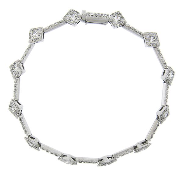 French 18k Gold 3 ctw Princess & Round Diamond Geometric Line Statement Bracelet