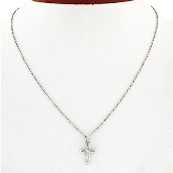Petite Solid Platinum.30 ctw Round Brilliant Diamond Simple Cross Pendant & Chai