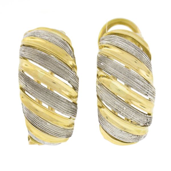 Italian 18k TT Gold Large Wide 11.2mm Textured Domed Omega Back Cuff Earrings