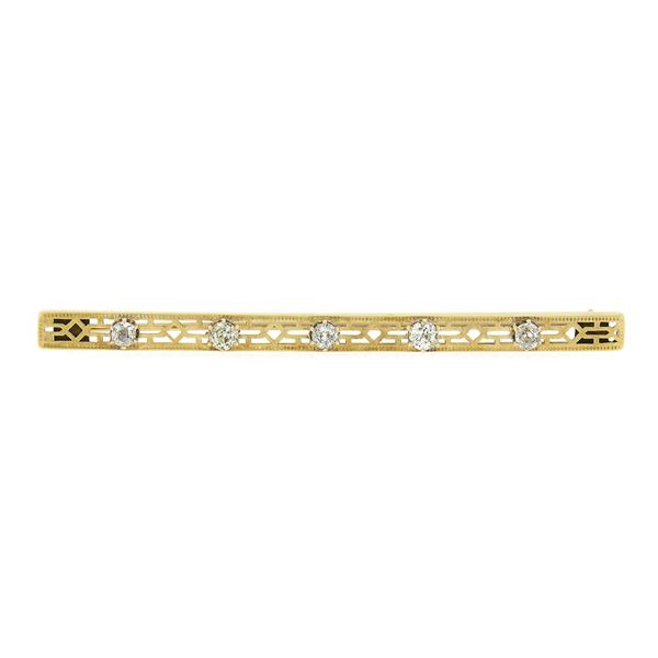 Antique Strobel & Crane 14k Gold .60 ctw European Diamond Filigree Bar Pin Brooc
