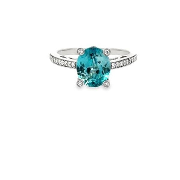 Natural Blue Zircon and Diamond Ring set in 14 karat white gold.