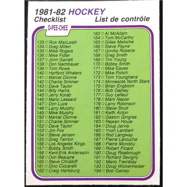 1981-82 O-PEE-CHEE CHECKLIST