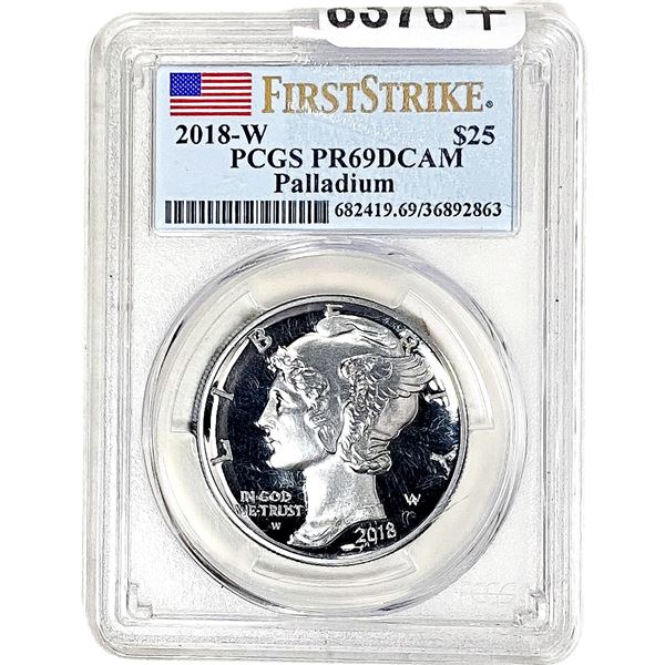 2018-W 1 OZ Palladium Mercury $25 PCGS PR69 DCAM