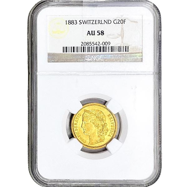 1883 Switzerland .1867 OZ Gold 20 Francs NGC AU58
