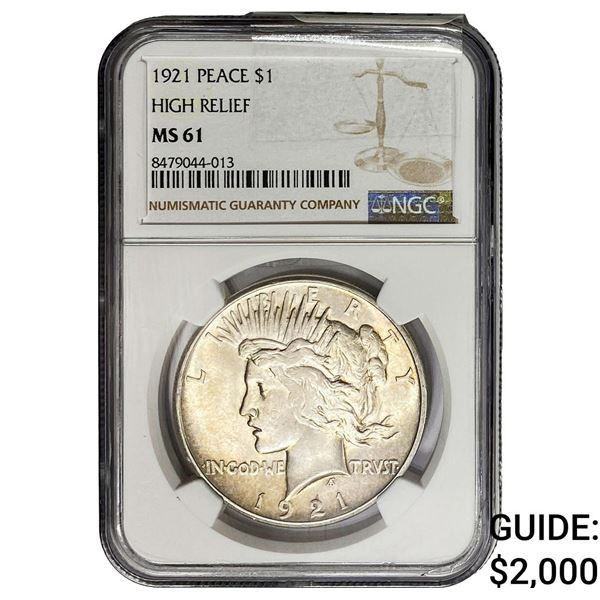 1921 Silver Peace Dollar NGC MS62 High Relief