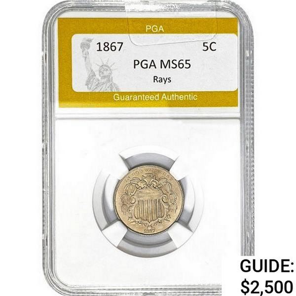 1867 Shield Nickel PGA MS65 Rays