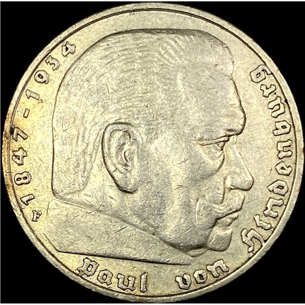 1936-F Germany Silver 5 Reichsmark CLOSELY UNCIRCULATED