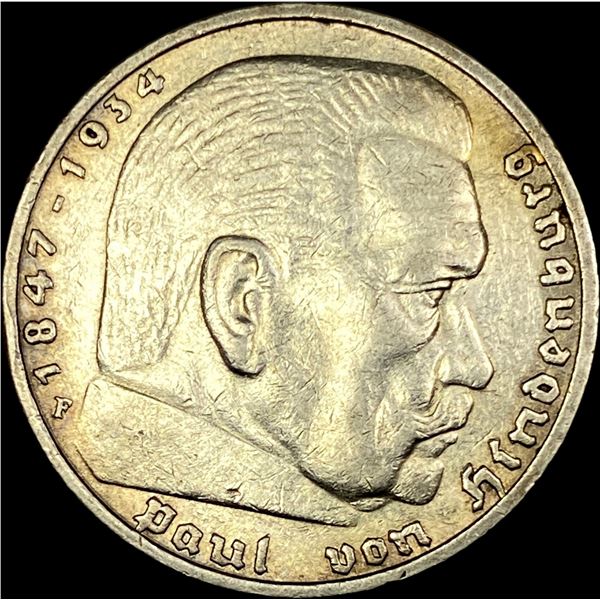 1936-F Germany Silver 5 Reichsmark CLOSELY UNCIRCULATED