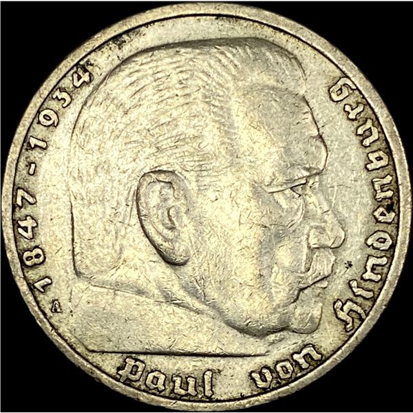1937-A Germany Silver 5 Reichsmark CLOSELY UNCIRCULATED